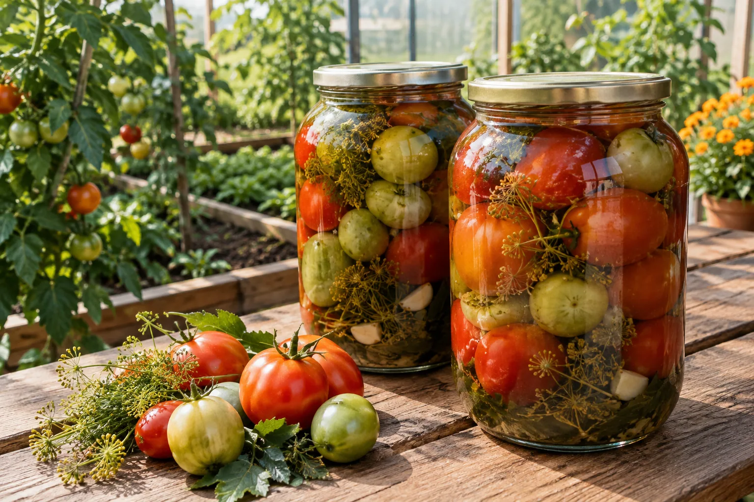 Банки с квашеными спелыми и зелеными помидорами